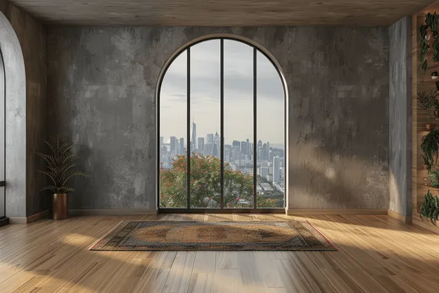 Sunlit minimalist room with arched window showing a city skyline beyond.