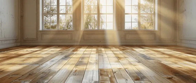 Sunlight beams fill an empty room with white walls and a wooden floor beneath window light.