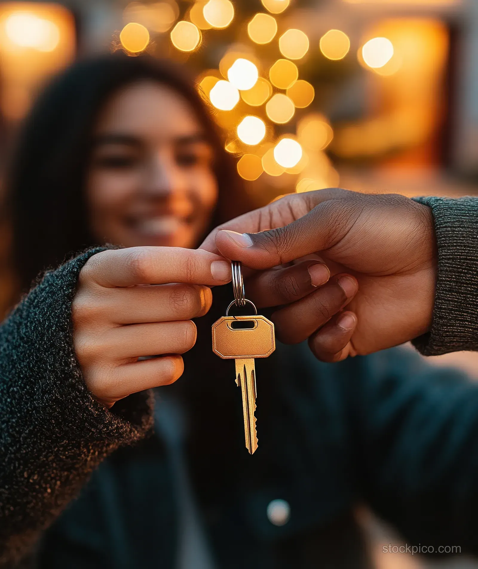 Two people exchange new house keys indoors while smiling amid warm golden bokeh lights.