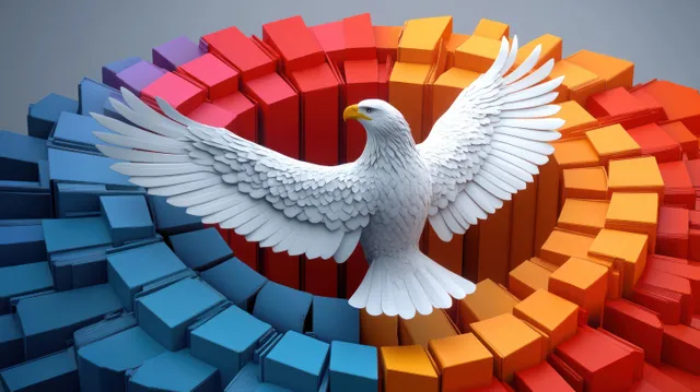 A white eagle with outstretched wings flies above a rainbow segmented circular ring of colored blocks.