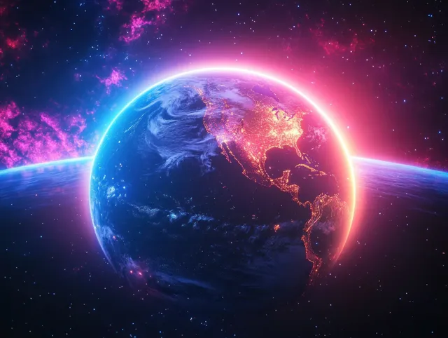Glowing Earth from orbit showing illuminated North and South America with colorful nebula light