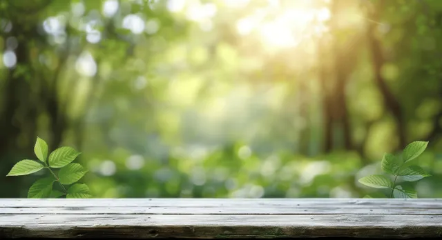 Wooden plank tabletop in front of a green forest background with sunlit blurred bokeh.