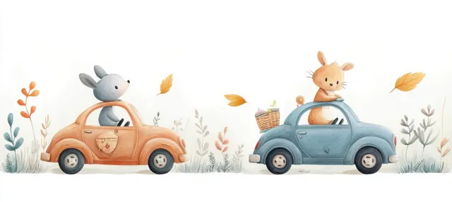 Watercolor bunny and mouse ride pastel retro cars while autumn leaves float around them in a countryside setting.