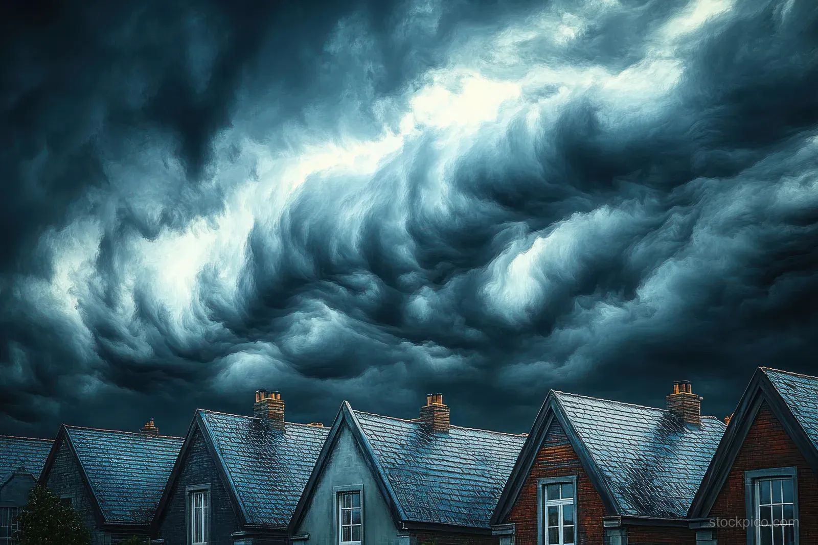 Sloped-roof houses line a street beneath swirling dark storm clouds over the horizon.