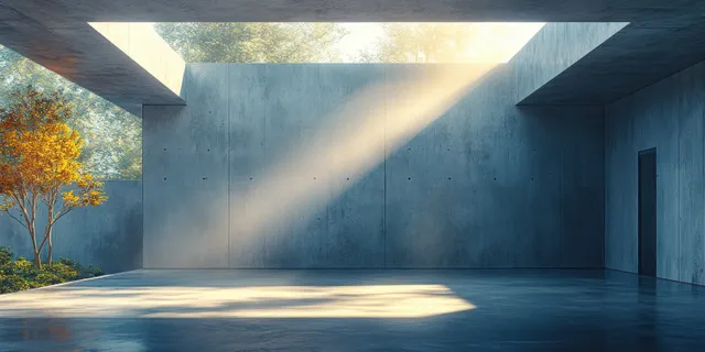 Empty concrete interior with a diagonal sunbeam cutting across stark walls and floor.