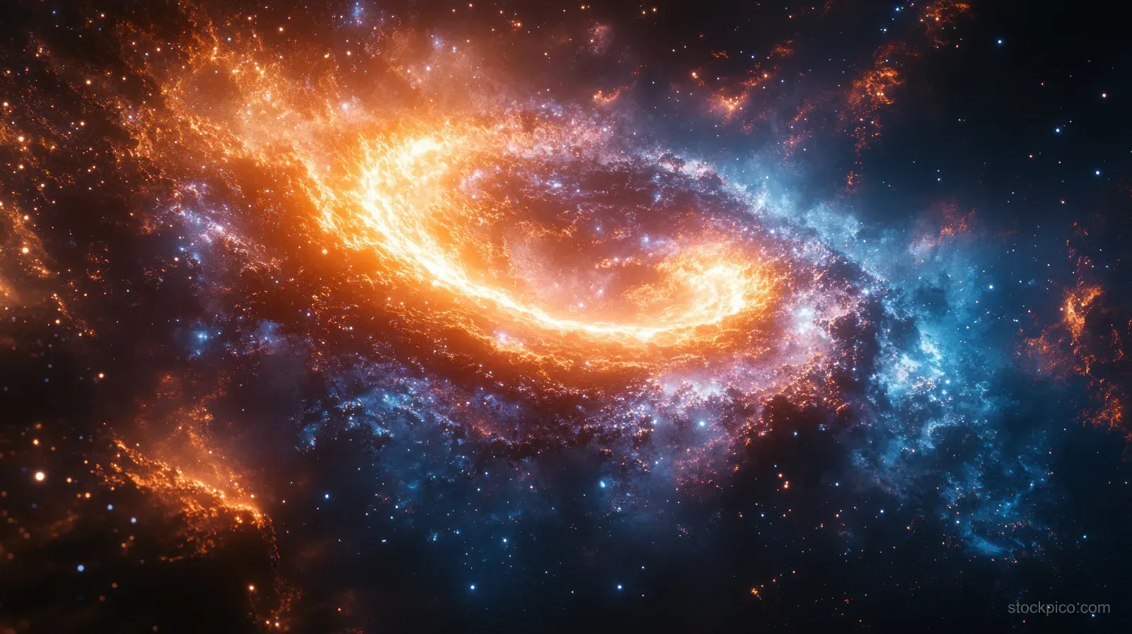 Swirling blue and orange nebula spirals around a dark black hole in deep space.