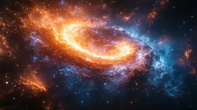 Swirling blue and orange nebula spirals around a dark black hole in deep space.