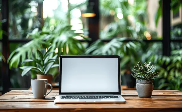Laptop with a blank white screen on a wooden café table while potted plants blur in the background.