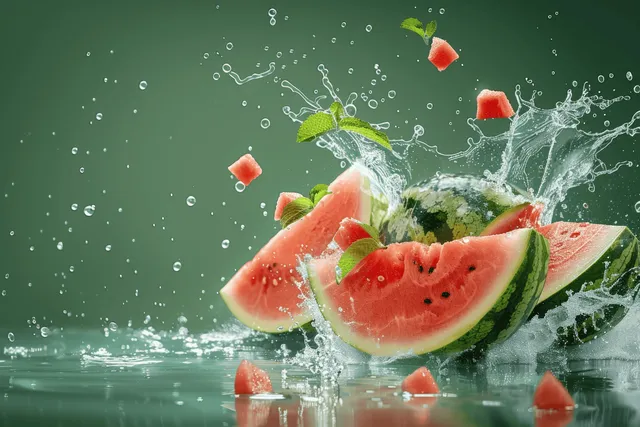 Watermelon slices bursting with splash on dark green background