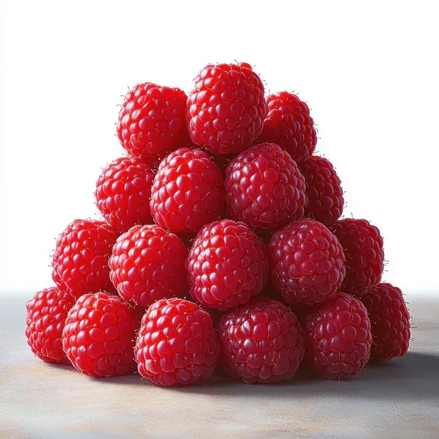 Pyramid stack of fresh red raspberries on a neutral surface under bright light showing bumpy texture.