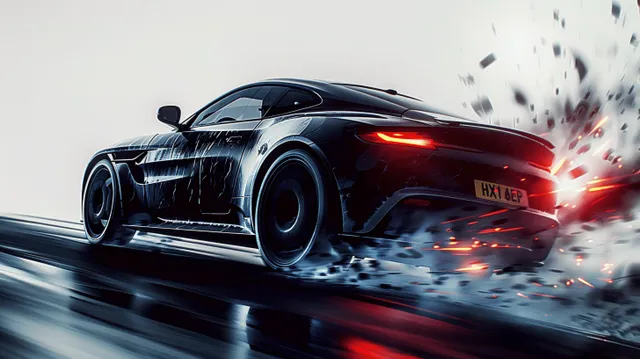 A futuristic electric sports car speeds along a neon road at night with blue light trails and motion blur.