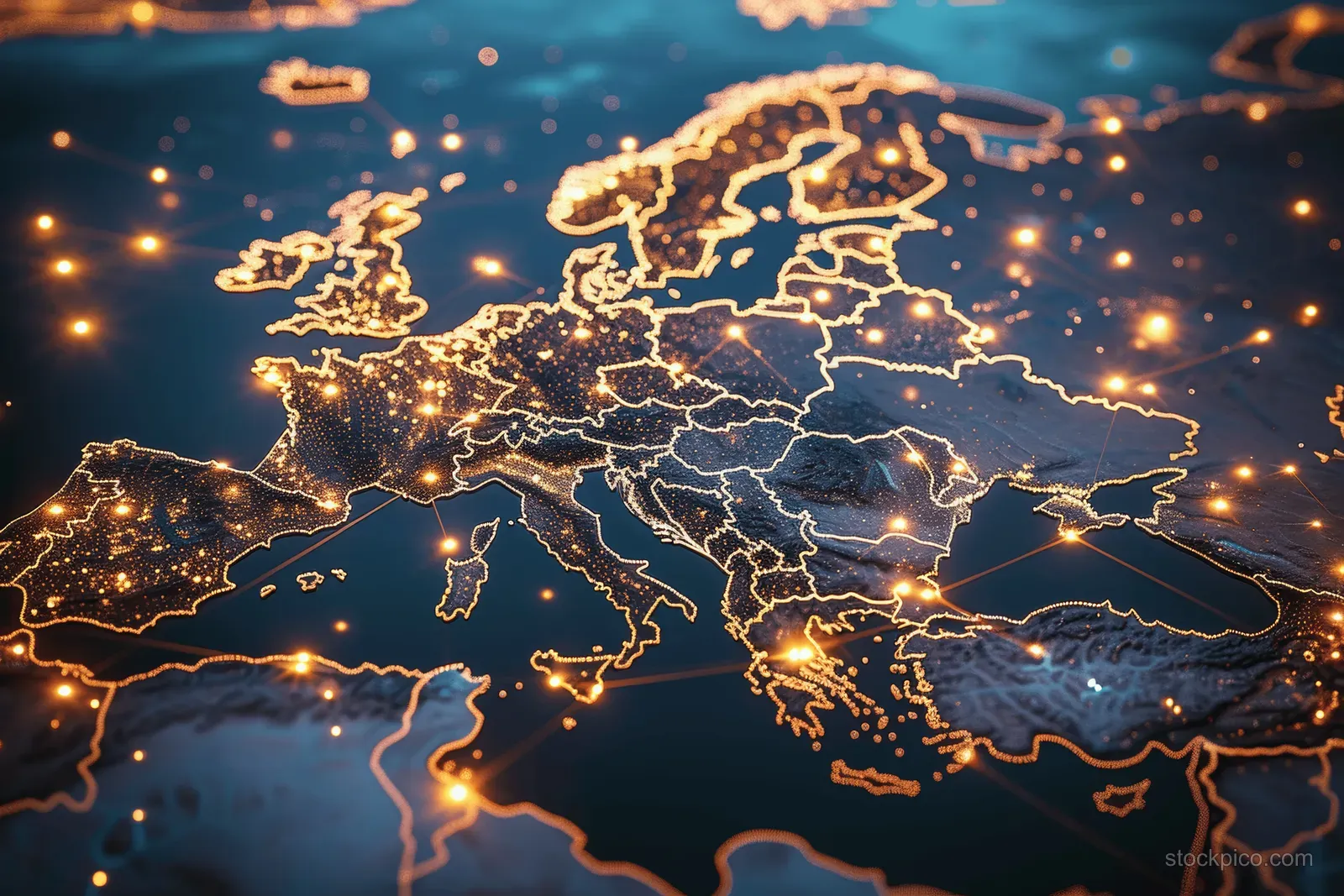 Glowing digital connection lines trace Europe over a night landscape of city lights.