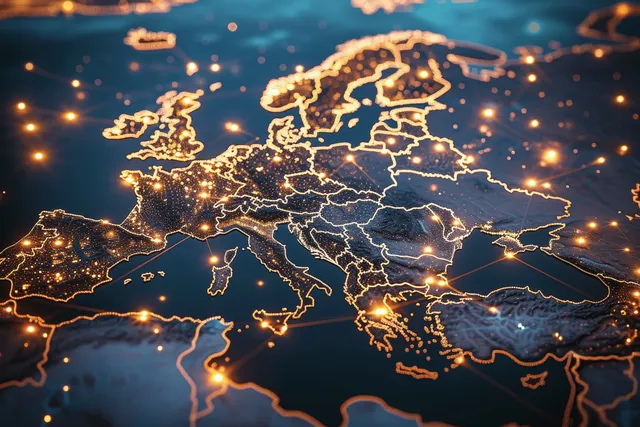 Europe at night shown as glowing digital network overlaid on the continent