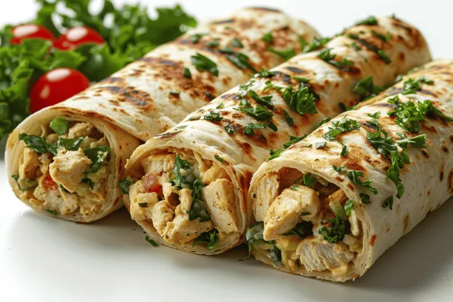 Grilled chicken salad wraps sliced open with lettuce and tomato filling on a white background.