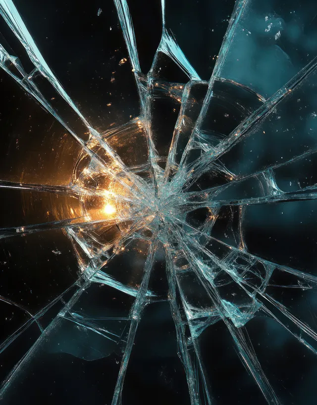 Radiating shattered glass cracks with sharp shards lit by contrasting warm orange and cool blue light reflections.