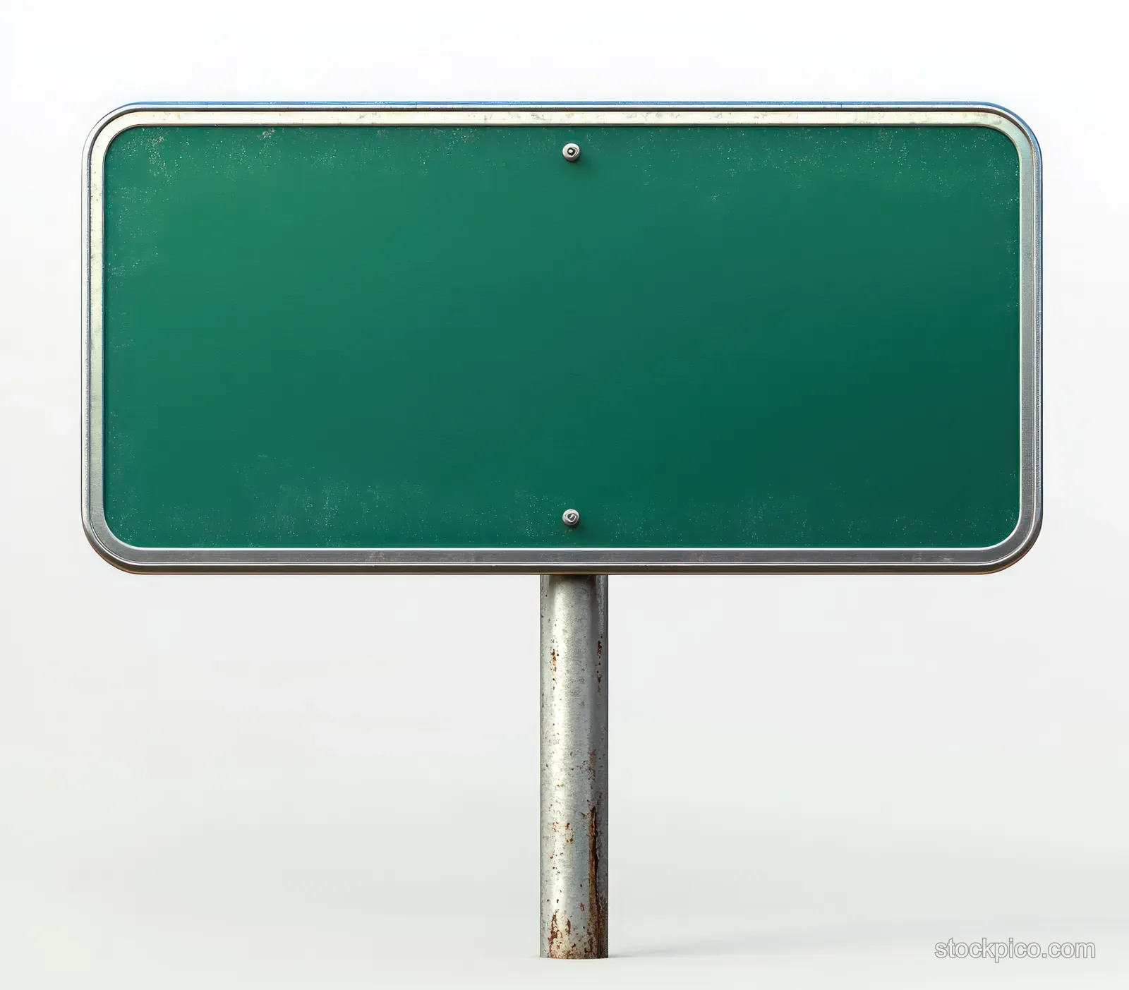 Green blank road sign mounted on a rusty metal pole against a plain white background.