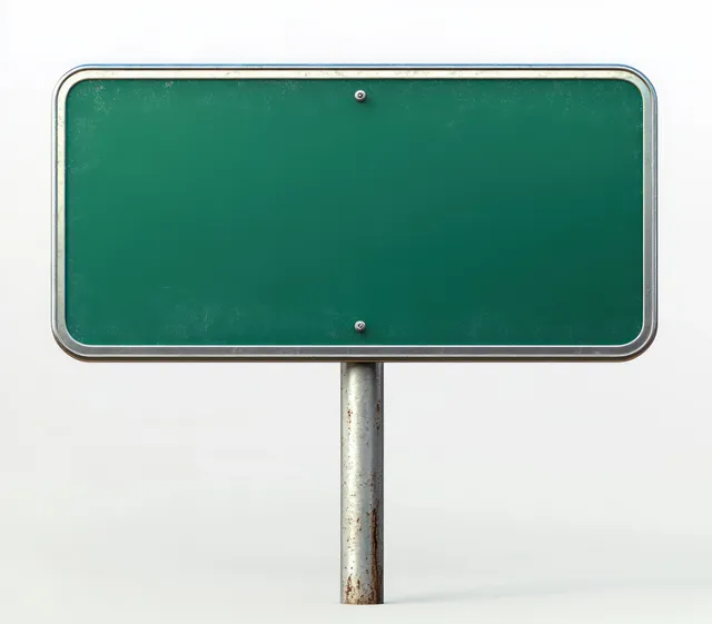 Green blank road sign on rusty metal pole against plain white background