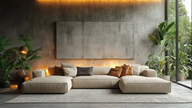 Beige sectional sofa centered under concrete wall art in a minimalist living room with warm lamps and daylight.
