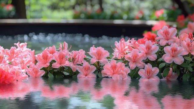 Pink blossoms over calm pond water with shimmering reflections and lush garden greenery