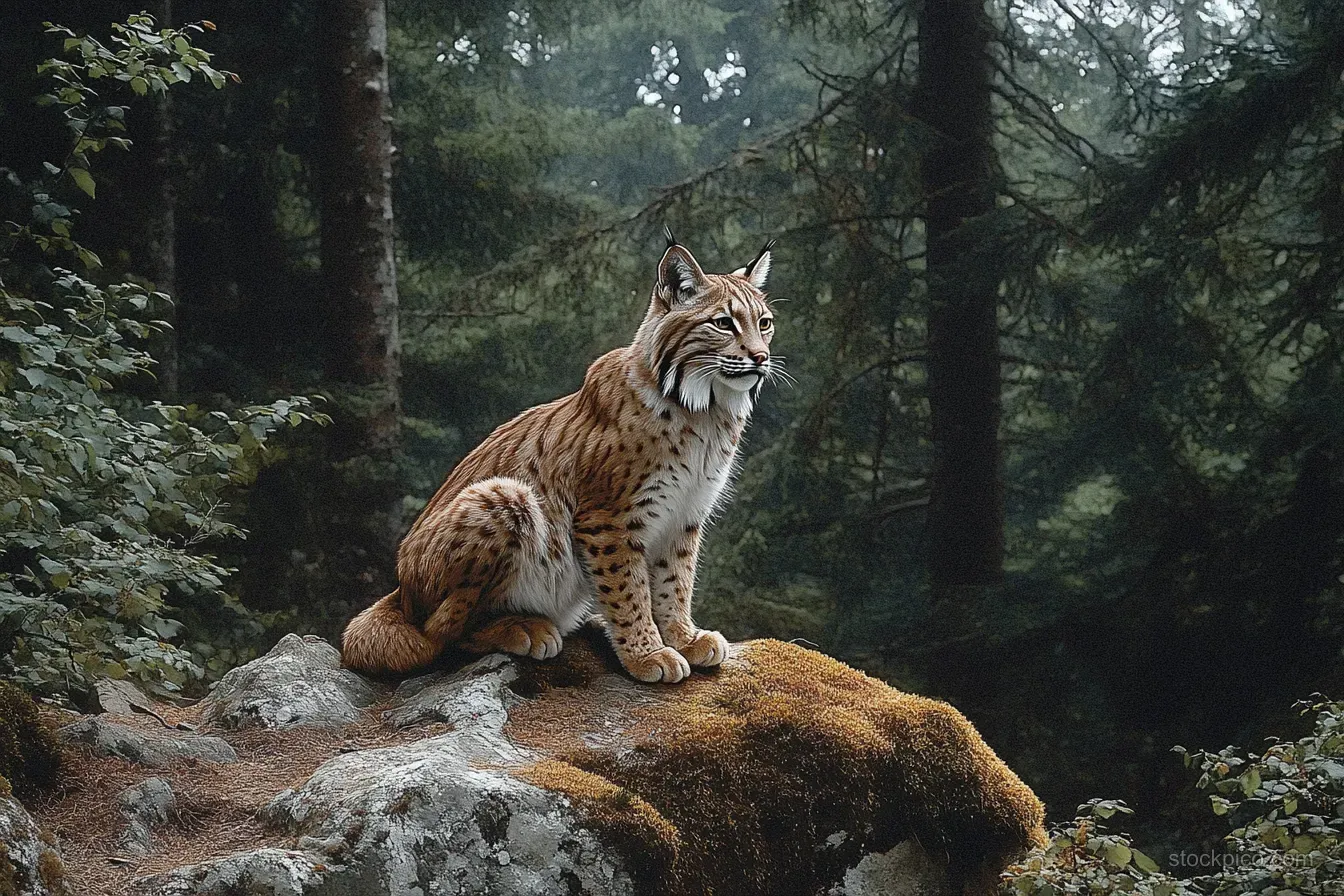 An alert lynx sits on a moss-covered rock in a dense, shaded forest with tall trees behind.