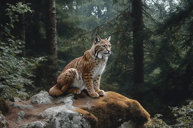 Lynx sitting alert on a mossy rock in a deep forest with tall tree trunks