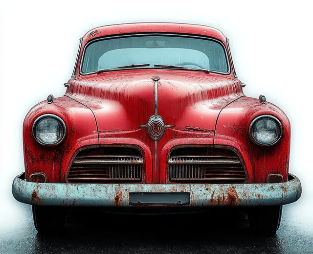 Front view of a rusty red vintage car with a weathered bumper against a white background.