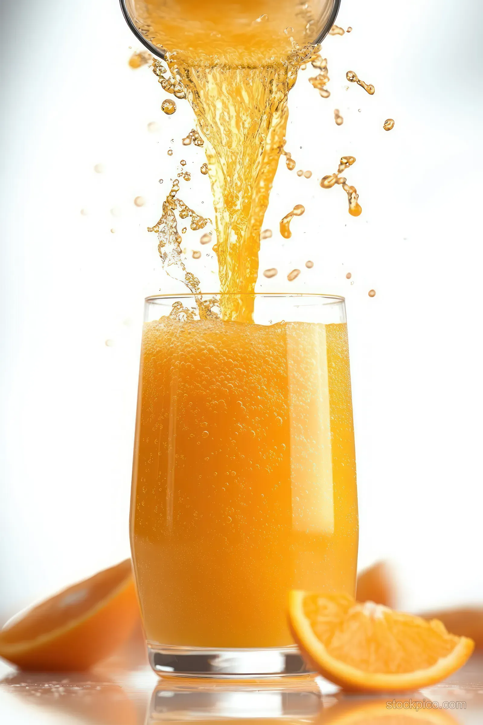Orange juice pours into a glass with splashes and citrus slices on a bright white background.