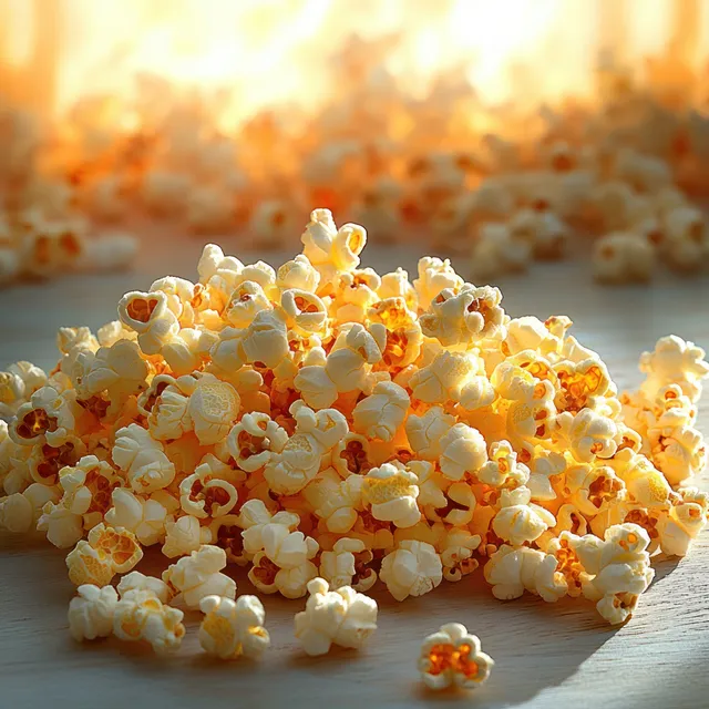 Fresh popcorn kernels scattered in a pile on a wooden table with warm sunlight glowing from behind.