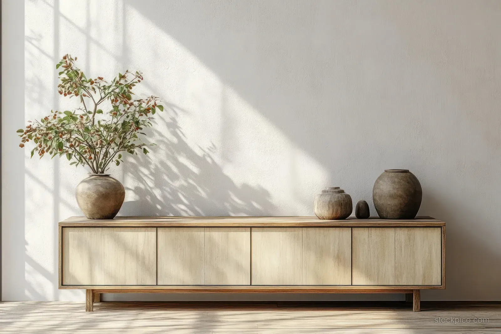 Wooden sideboard in a minimalist entryway with several vases, highlighted by bright sunlight and sharp window shadows.
