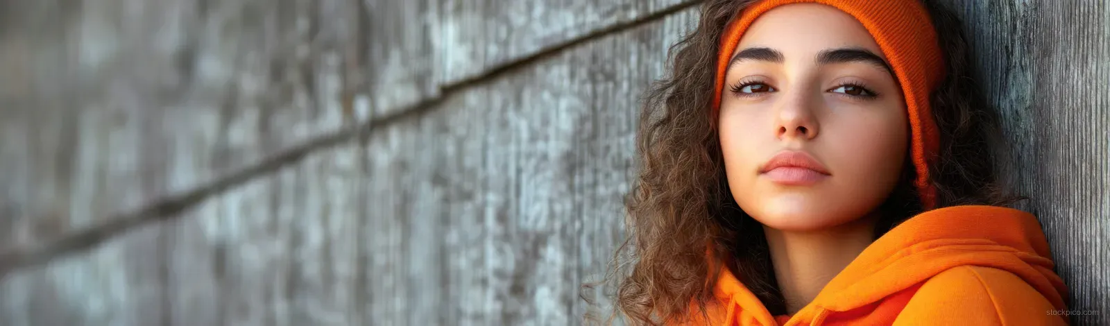 A teen girl in an orange hoodie leans against a weathered wooden wall with a thoughtful, downcast expression.
