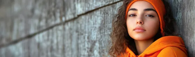 A teen girl in an orange hoodie leans against a weathered wooden wall with a thoughtful, downcast expression.