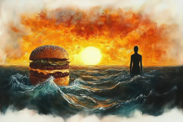 A giant hamburger floats over ocean waves as a human silhouette stands in the water at a fiery orange sunset.