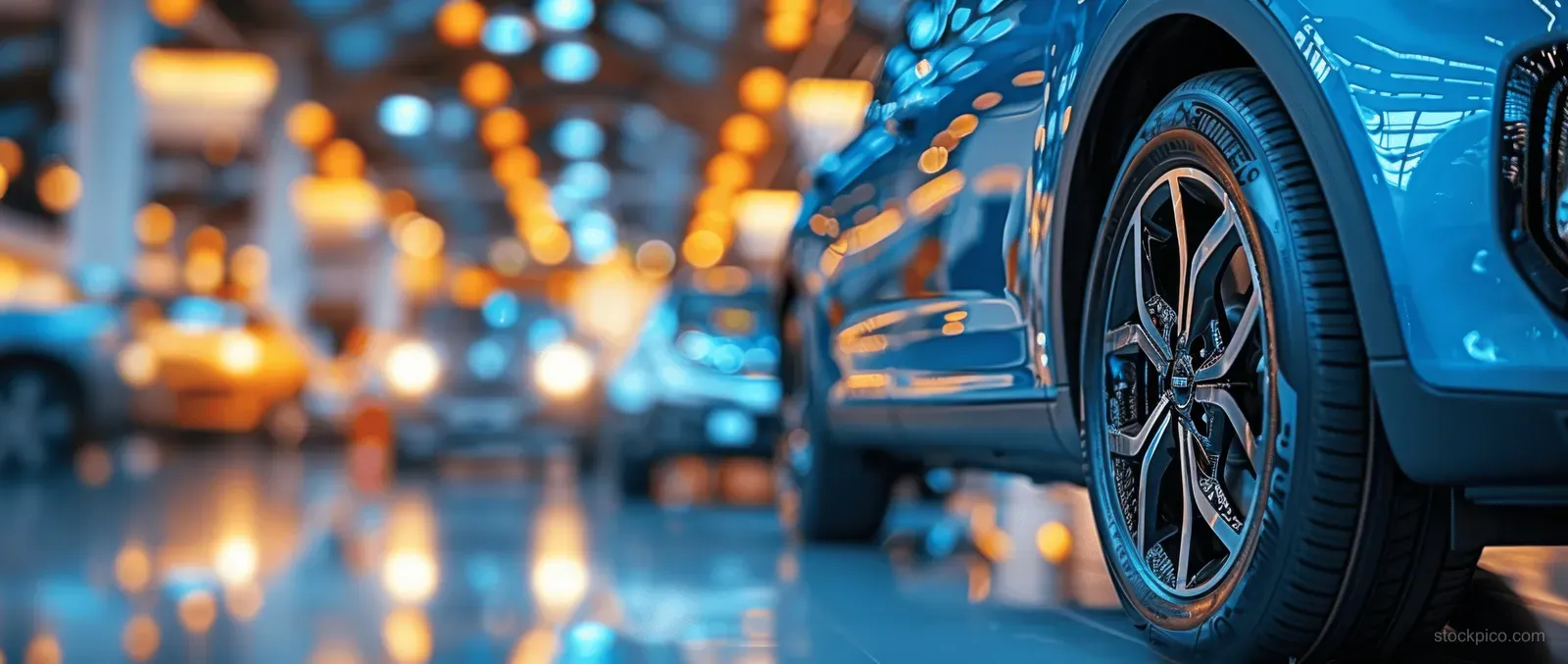 Blue SUV front wheel and glossy body in a showroom with blurred warm lights in the background.