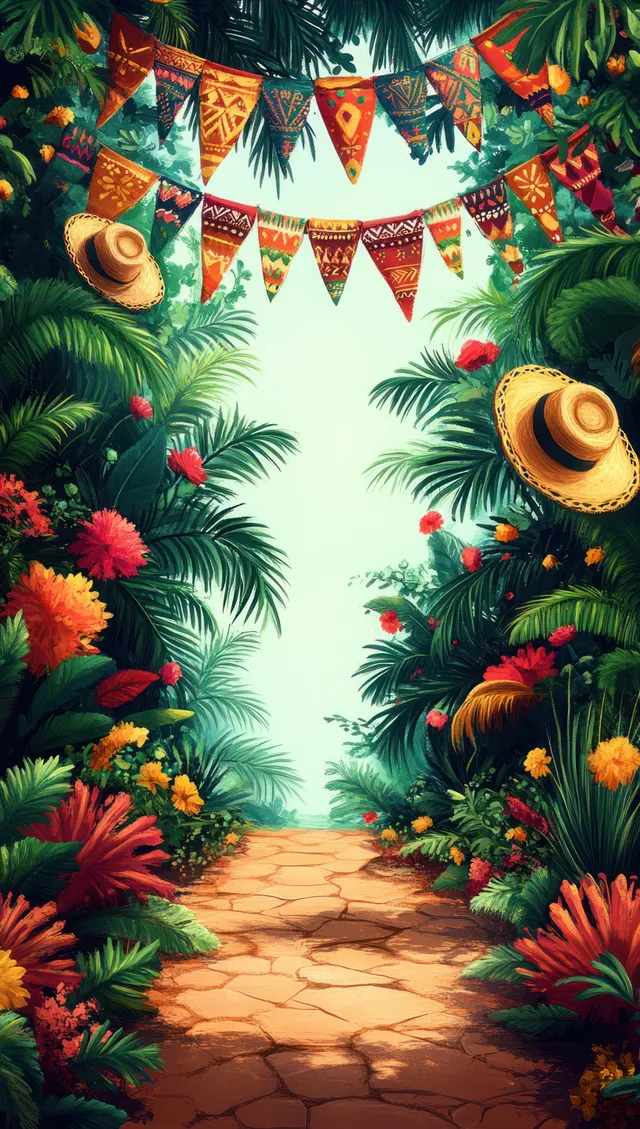 Tropical garden pathway under triangular bunting flags with hanging hats and vivid flowers