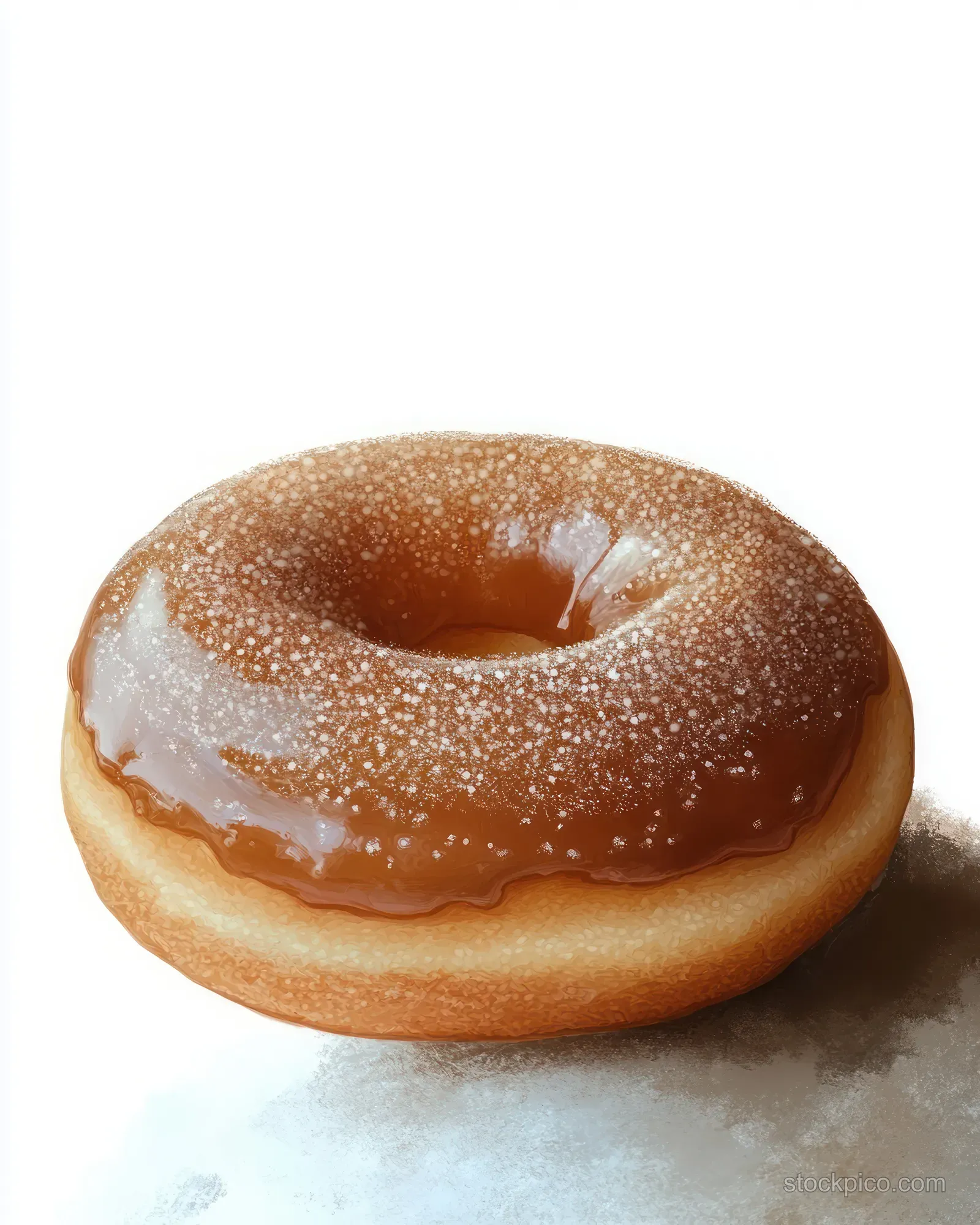 A caramel-glazed doughnut with shiny coating and sugar crystals on a clean white background.