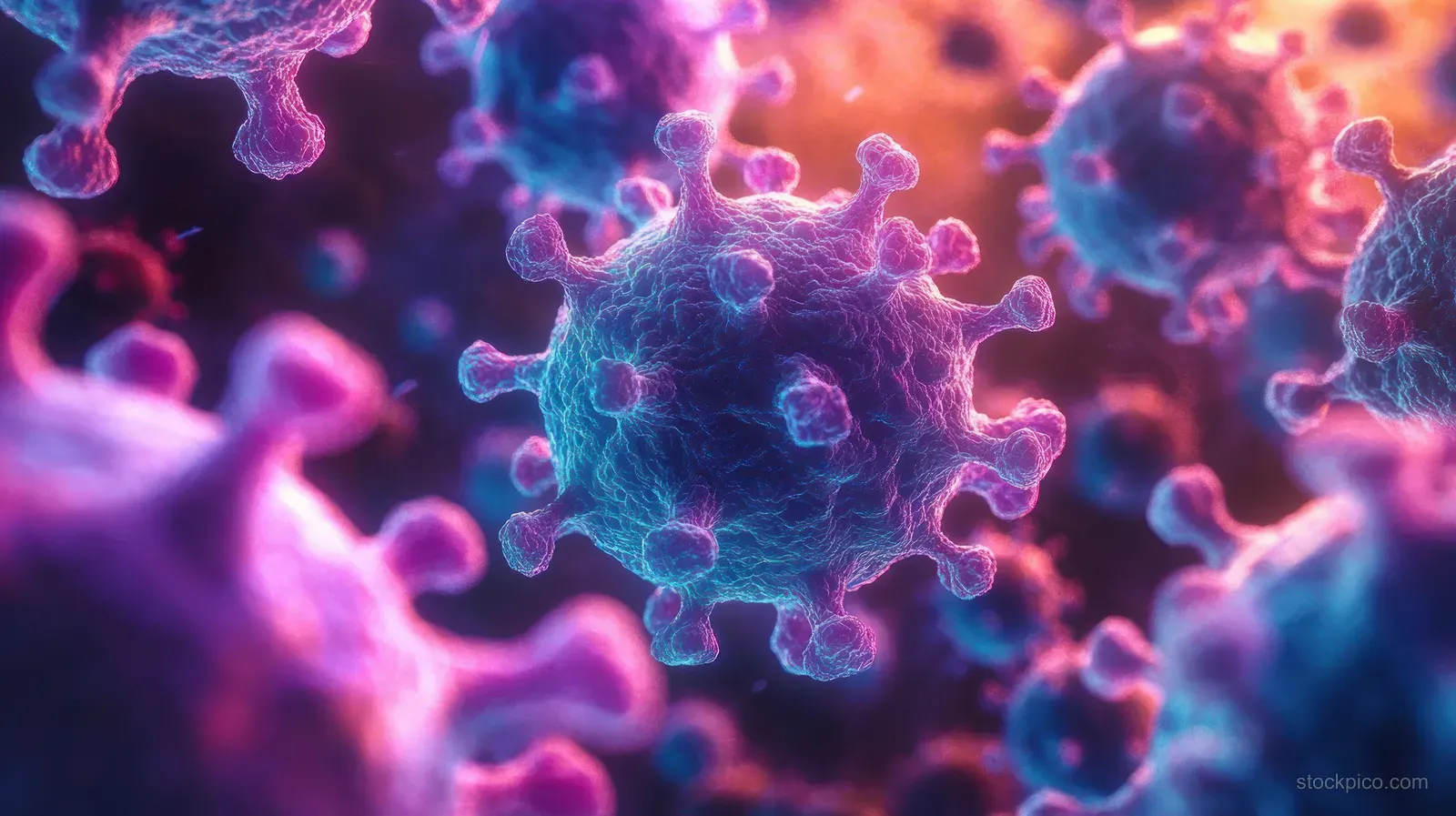 Close-up view of glowing blue and purple microvirus particles against a blurred background, highlighting scientific observation and health