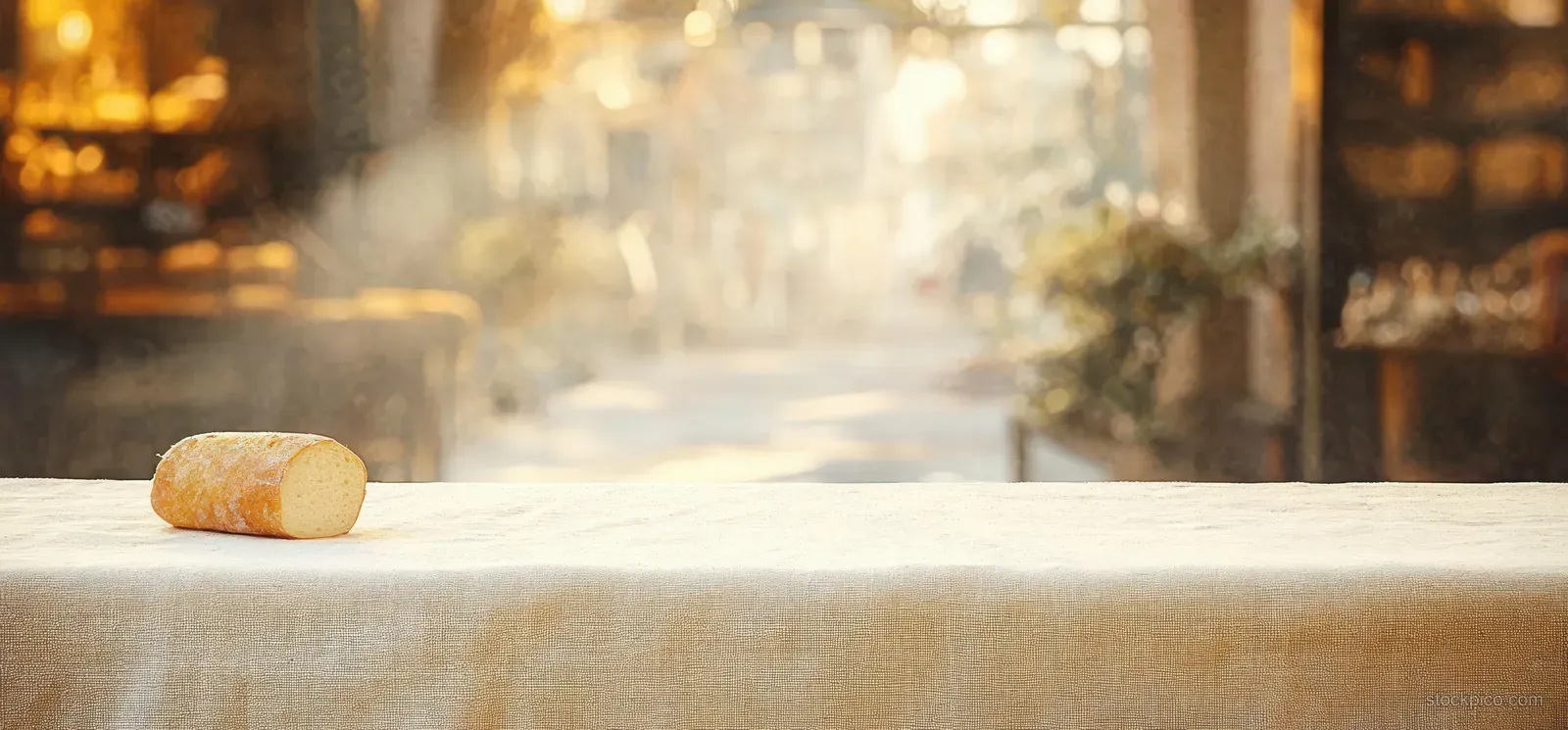 Half loaf of crusty bread on a fabric-covered table with warm softly blurred background.
