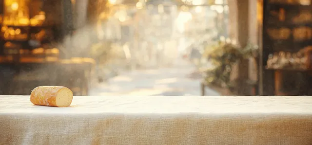 Half loaf of crusty bread on a fabric-covered table with warm softly blurred background.
