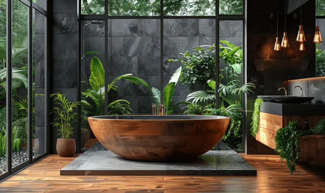 A copper bathtub sits in a dark spa bathroom surrounded by glass walls and potted plants near a window.