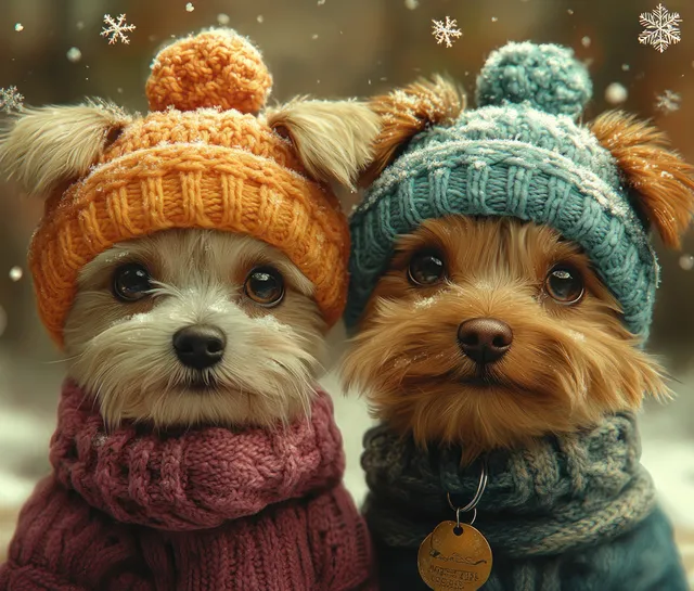 Adorable pets in colorful knit hats playfully surrounded by sparkling snowflakes in a whimsical winter scene.
