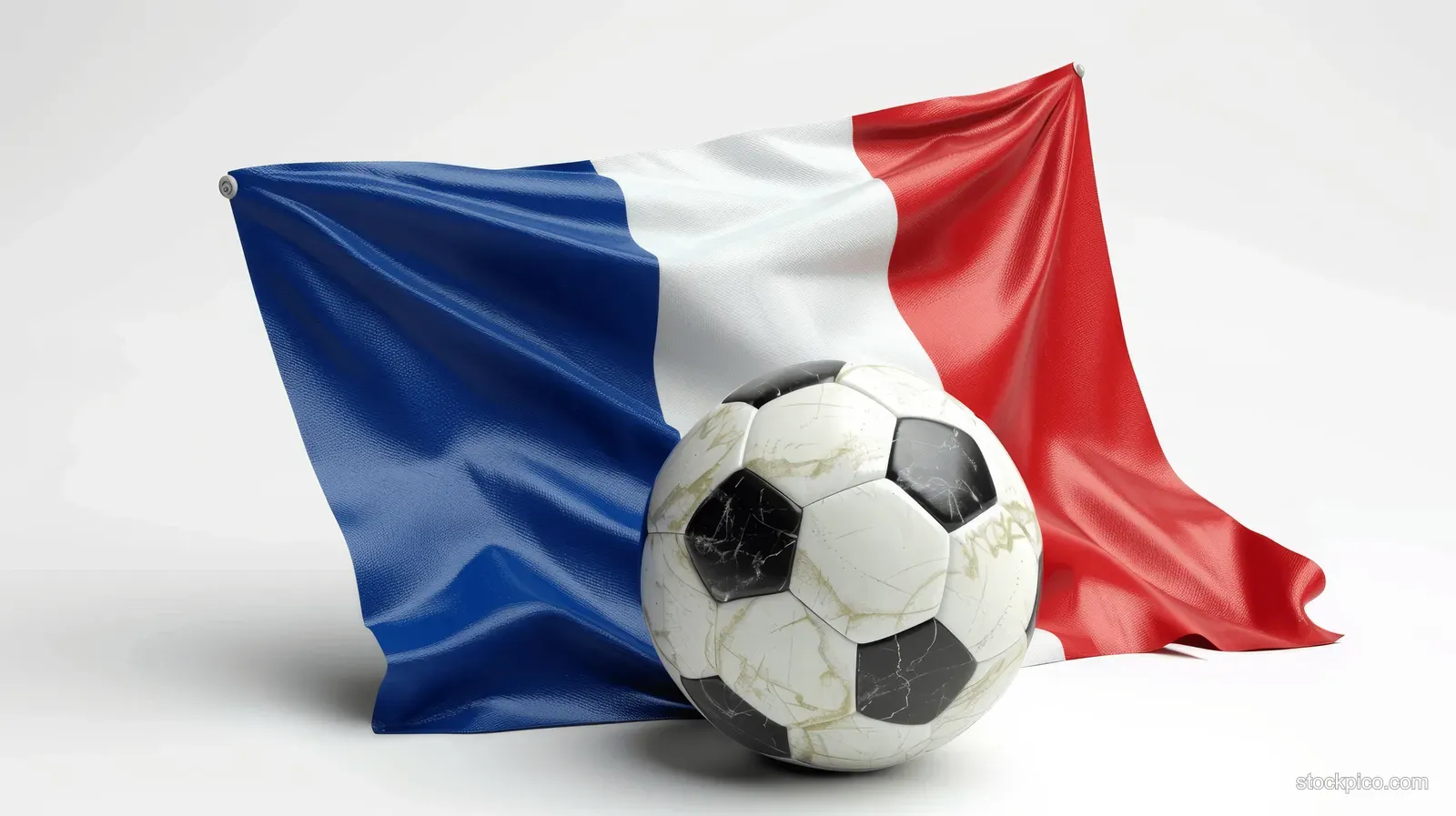 A 3D soccer ball rests in front of a waving French flag on a white background.