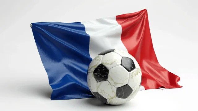 French flag waving behind a soccer ball on clean white background
