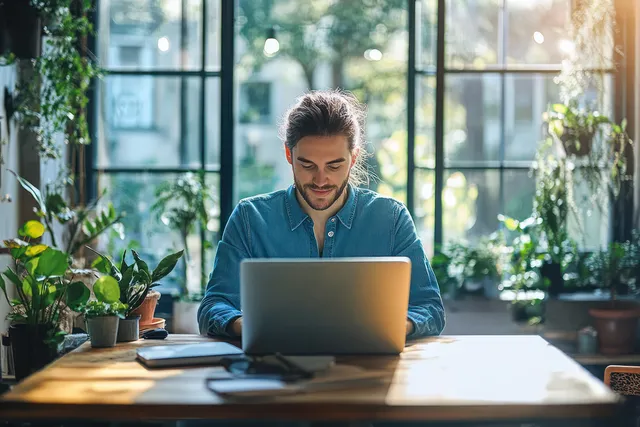 Entrepreneur typing on a laptop at a desk in a bright home office surrounded by green plants.
