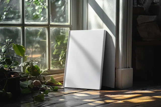 Closed soft-cover book mockup standing beside window plants, casting crisp diagonal shadows