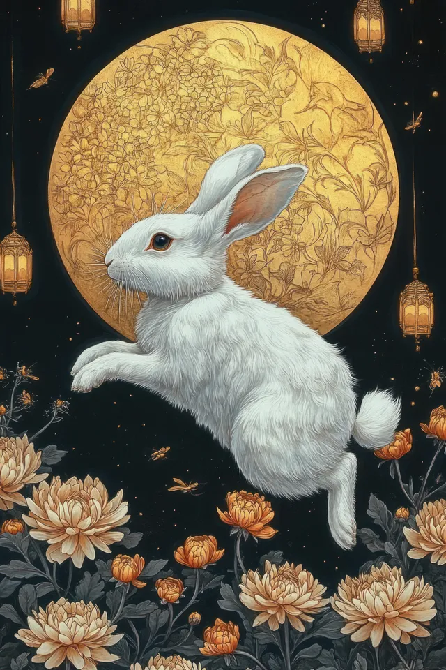 White rabbit leaping among orange flowers under glowing lanterns with a gold circular floral backdrop and dark starry sky.