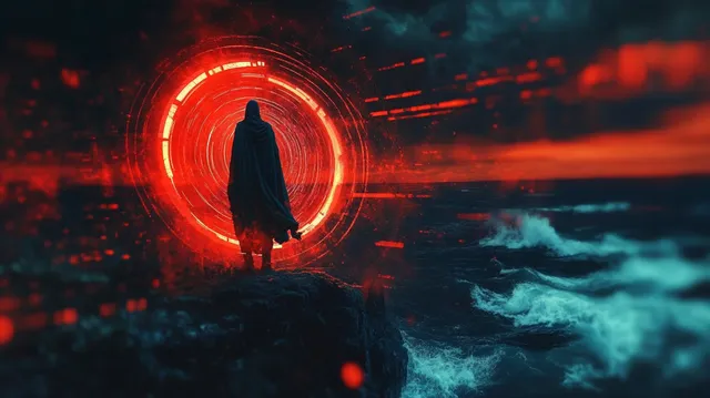 Cloaked silhouette stands on stormy cliff facing a glowing red circular portal