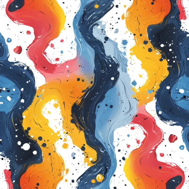 Colorful abstract paint swirls with splattered white accents on canvas
