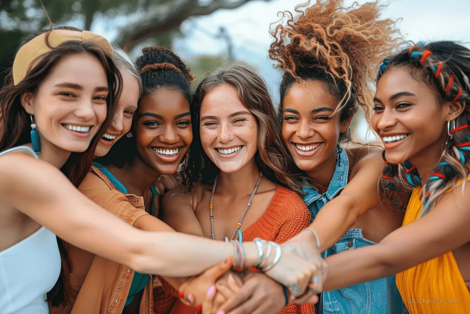 Five smiling women stack their hands together outdoors.