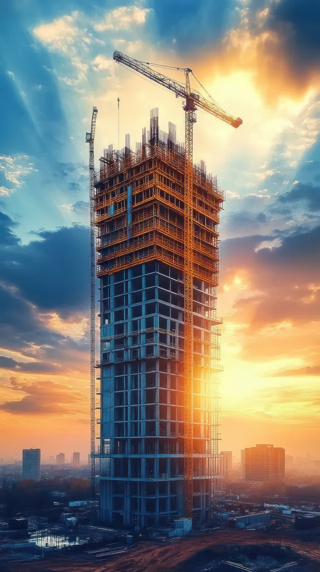 A high-rise construction tower with cranes and scaffolding stands against golden sunset clouds above the city skyline.