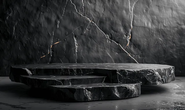 Black asymmetrical marble podium on a dark textured wall with soft spotlighting and monochrome shadows.